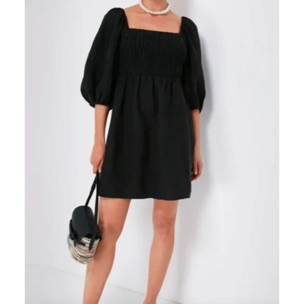 Tuckernuck Annie Smocked Linen Puff Sleeve Mini Dress in Black Large / 12